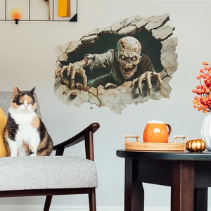 3D Halloween wall sticker featuring a scary zombie breaking through a stone wall decoration
