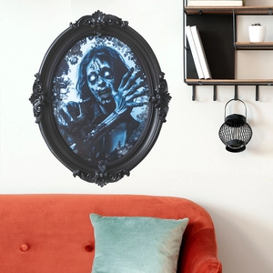 Halloween vintage oval wall sticker featuring a 3D zombie portrait for home decor