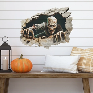 3D Halloween wall sticker showing a realistic zombie breaking through a wooden wall detail
