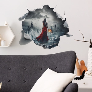 3D Halloween wall sticker featuring red dress girl breaking through wall for home decor