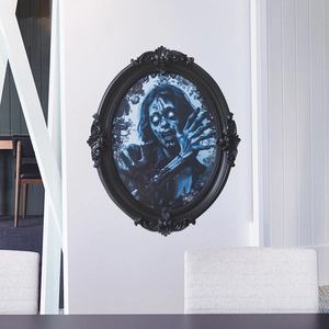 Vintage oval Halloween mirror sticker featuring a spooky female zombie figure for wall decor