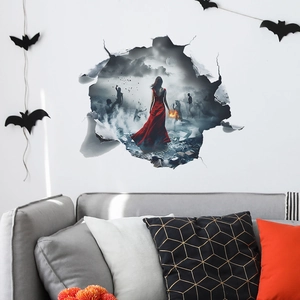 3D Halloween wall sticker featuring a red dress girl and zombies for living room decor