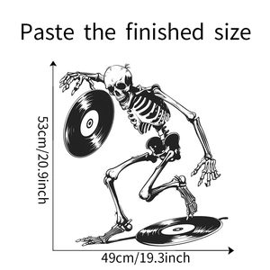Detail showing skeleton and vinyl record wall sticker with dimensions 53cm by 49cm