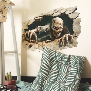 3D Halloween zombie wall decal featuring a scary monster breaking through a white wall