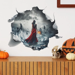 3D Halloween wall sticker featuring a red dress girl and zombies in a broken wall scene