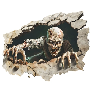 3D realistic wall sticker showing a scary zombie breaking through white wall for decor