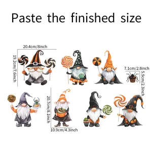 Size guide for Halloween gnome stickers showing 7 decorative elements in various dimensions
