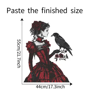Size chart showing finished dimensions 55x44cm for Halloween girl and raven wall sticker
