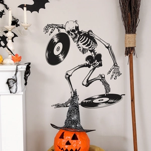 Halloween Skeleton DJ vinyl record wall sticker for home festive living room decor