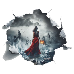 3D Halloween wall sticker featuring girl in red dress and zombies breaking through wall