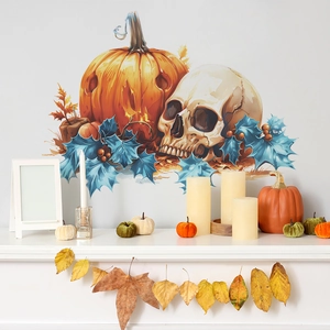 Halloween wall sticker featuring watercolor pumpkin, skull, and blue leaves for home decor