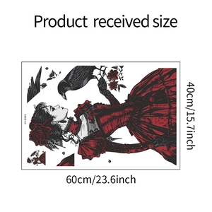 Detailed dimension sheet of 60cm x 40cm Gothic girl and crow wall decal for home decor
