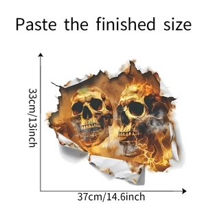 Detail showing 3D wall sticker dimensions of 33x37cm with flaming skull graphics
