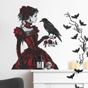 Detail view of Gothic girl in red dress wall decal above fireplace with bats