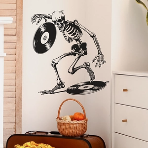 Detail of creative skull vinyl record wall sticker on white background for home decor