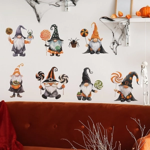 Halloween gnomes wall stickers featuring wizards and spider cupcake on white wall