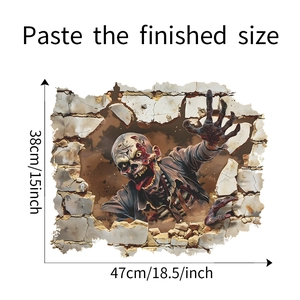 Detailed 3D wall sticker featuring a scary zombie breaking through a realistic brick wall