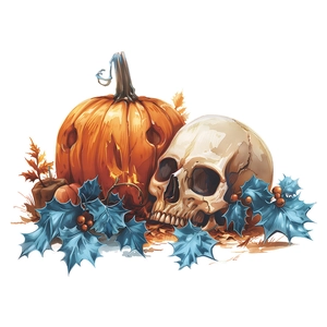 Halloween wall sticker with realistic pumpkin skull and autumn leaves on white background