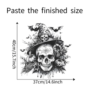 Dimensions du sticker mural Halloween avec crâne de sorcière et citrouilles 37x40cm