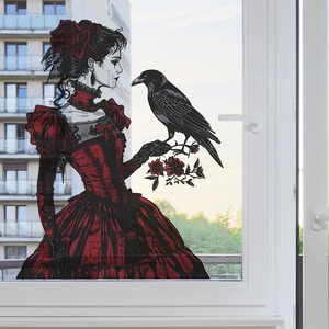 Gothic girl in red dress with raven wall sticker for living room home decor decal