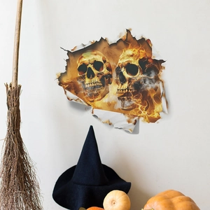 3D Halloween wall stickers featuring realistic flaming skulls with a broken wall visual effect