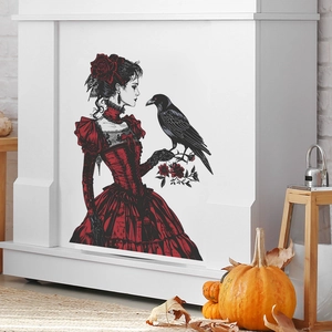 Gothic Halloween wall decal of girl in red dress with raven on a white fireplace