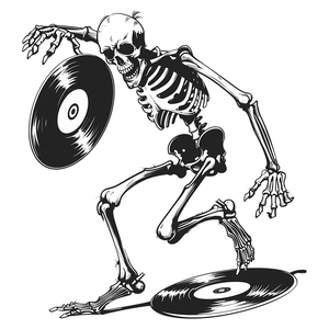Skeleton DJ vinyl record wall sticker for Halloween home decor in minimalist black and white