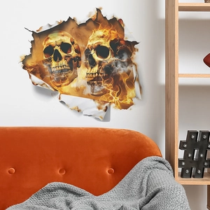 3D Halloween wall decal featuring flaming skulls and broken wall effect for living room decor