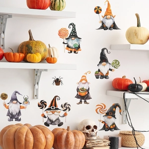 Hand-painted Halloween gnome wall stickers with pumpkin and candy motifs for home decor