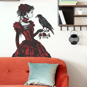 Halloween Gothic Red Dress Woman Crow Rose PVC Wall Sticker Removable Self Adhesive Art Mural For Bedroom Home Decoration