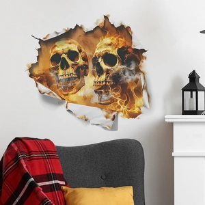 Detailed 3D wall sticker featuring flaming skulls and smoke in a modern living room