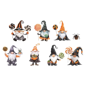 Set of watercolor Halloween gnome wall stickers featuring wizard hats and candy decorations