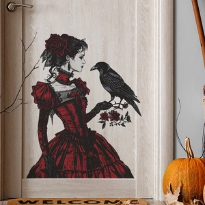 Gothic girl in red dress and crow wall decal sticker for Halloween home decoration