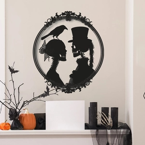 Victorian Gothic Skeleton Couple Silhouette Wall Sticker Halloween Crow Pattern Removable Black PVC Decal For Home Decor