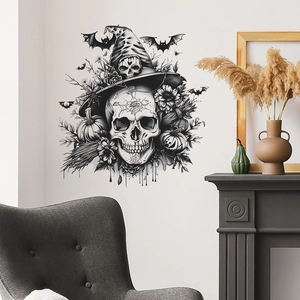 Sticker mural d'Halloween avec crâne, chapeau de sorcier, citrouilles et chauves-souris
