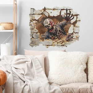 3D Halloween wall sticker featuring a spooky zombie breaking through a stone wall for home decor