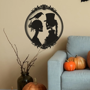 Halloween wall sticker featuring Victorian skeleton couple and crow in ornate frame