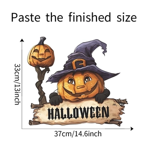 Detailed dimensions of Halloween wall sticker featuring pumpkins with a wizard hat