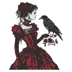 Gothic girl in red Victorian dress with crow and roses wall sticker for home decor