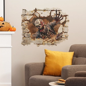 3D Halloween zombie wall sticker breaking through wall in a modern living room decor