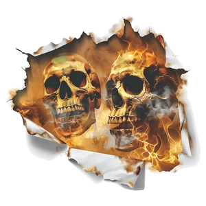 3D Halloween wall decal featuring realistic flaming skulls breaking through a white wall surface