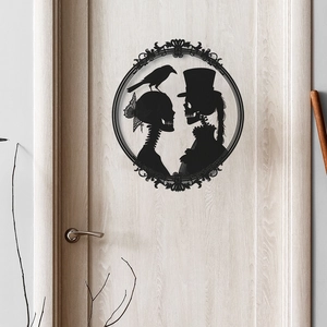 Gothic Halloween wall sticker with silhouette of skeleton couple in victorian round frame