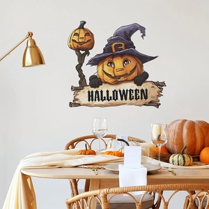 Halloween pumpkin wall sticker with purple wizard hat on a cozy dining room wall