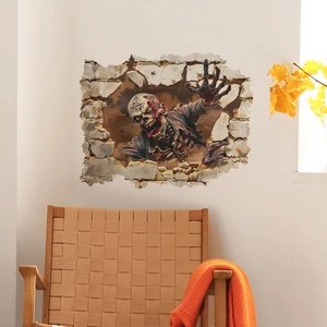 3D Halloween zombie wall sticker showing a spooky monster breaking through a white wall