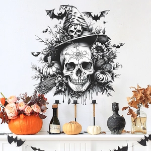 Sticker Mural Halloween Crâne Chapeau de Sorcière Citrouille Chauve-Souris Gothique Noir Blanc PVC Autocollant Décoratif Pour Maison