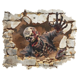 3D Halloween wall sticker featuring a scary zombie bursting through a stone wall