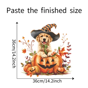 Detail showing Halloween wall sticker size 36cm with puppy in pumpkin and wizard hat