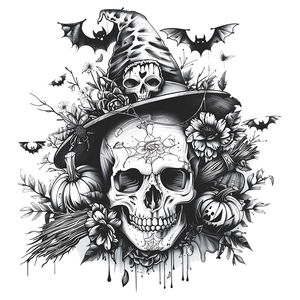 Sticker mural Halloween crâne avec chapeau de sorcière, chauves-souris et citrouilles
