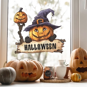 Halloween pumpkin wall sticker with purple wizard hat and wooden Halloween sign decor