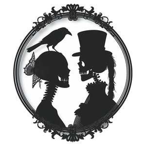 Gothic Halloween wall sticker featuring skeleton bride and groom silhouettes with crow